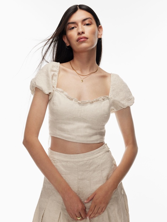 Wilfred Tops - Aritzia Wilfred “Wander” Linen Blend Cream Puff Sleeve Crop Top